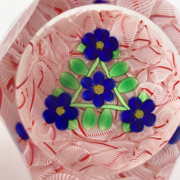 Perthshire PP47 2001 Blue Lampwork Flowers Triangular Design Lace LE Paperweight - Picture 6 of 13